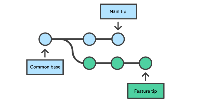 Git branch diagram showing main and feature branches diverging from common base